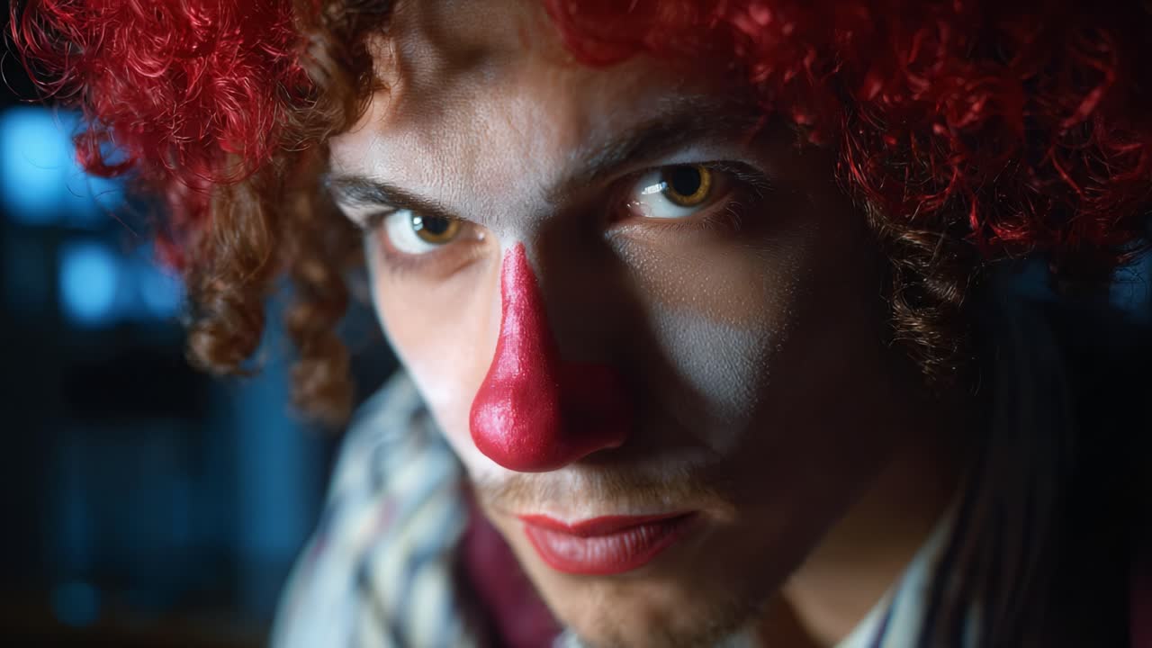Intense Close-Up of a Male Clown with Red Hair and Nose, Capturing a Mysterious Expression Amidst Dramatic Lighting and Vivid Colors