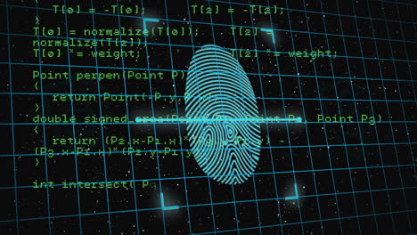 Fingerprint-and-shield-icons-with-cybersecurity-code-animation-over-grid-background