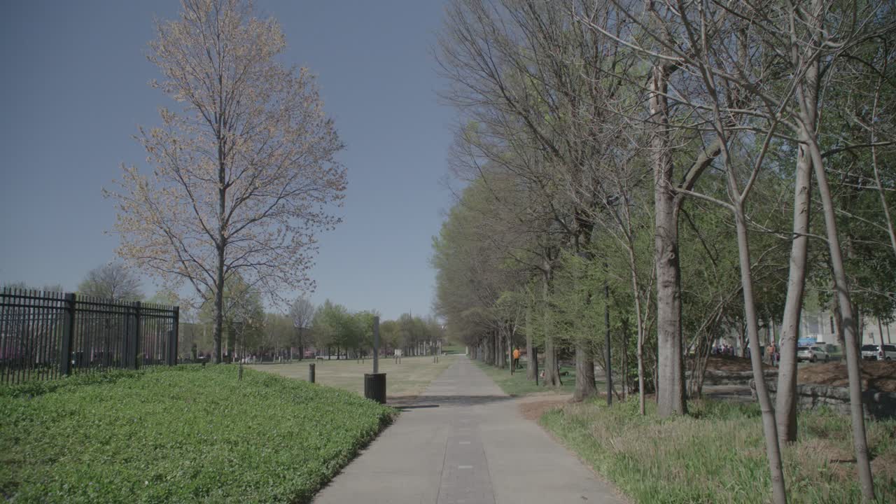 아오르는 나무들로 둘러싸인 포장된 공원 경로가 앞으로 어 있으며, 한쪽은 금속 울타리로 둘러싸여 있고, 다른 쪽은 은 파란 하늘 아래 푸른 초록색으로 여 있습니다.