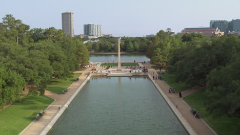 aerial of the reflective pond in houston hermann park