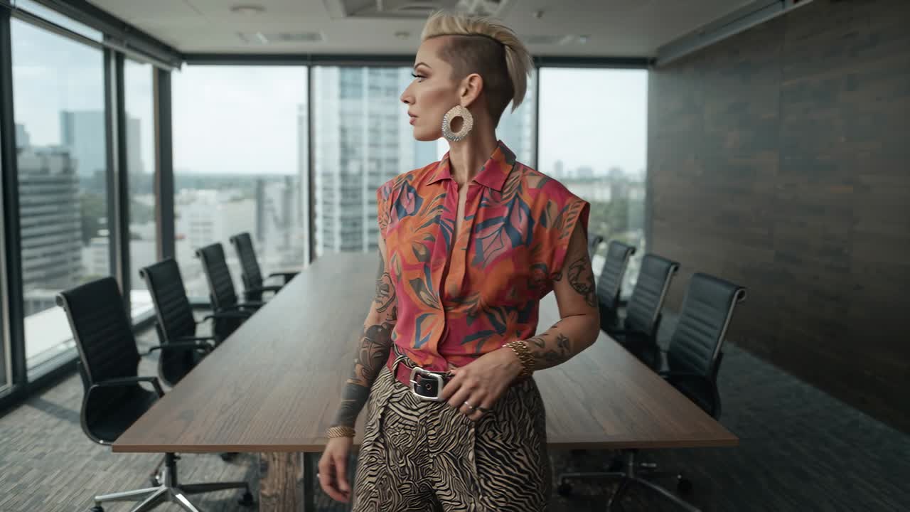 Leaning model posing by wooden table, wearing bright blouse, zebra pants, showing buckle, earrings