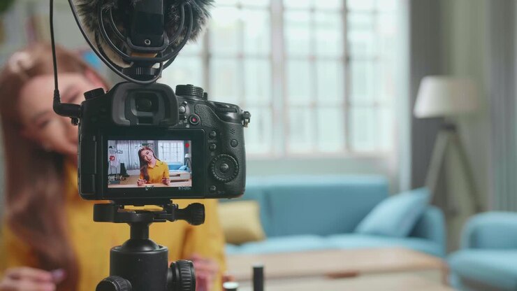 Display Of Camera Recording Video Influencer Young Transgender Woman Blogger Makeup. Shemale Looks And Smiles To Camera In Home Studio