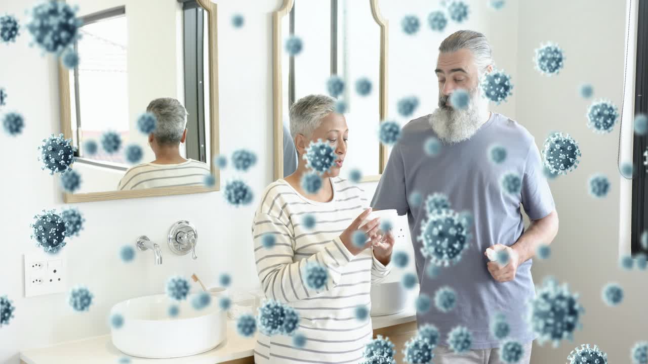 Woman entering and causing man opening jar, partners checking health label amid blue virus graphics