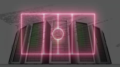 animation of neon stadium and data processing over server room