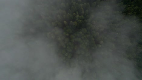 aerial of dramatic clouds and mist above bosnian forest
