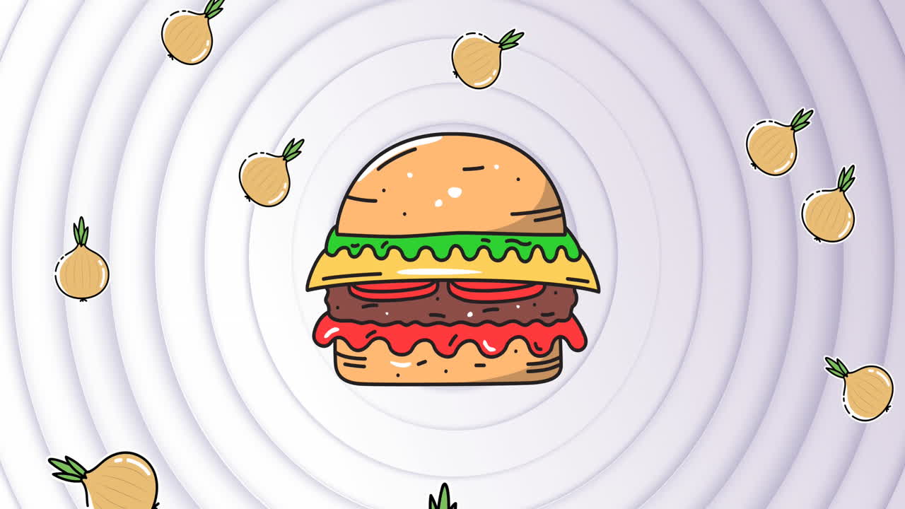 animación de hamburguesa con queso y cebollas que caen sobre círculos grises concéntricos