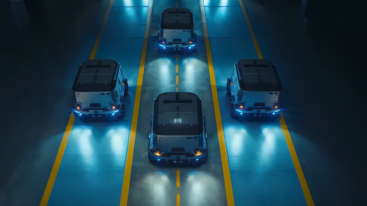 Shifting headlights to warm yellow, five autonomous vans creeping along yellow lanes in warehouse