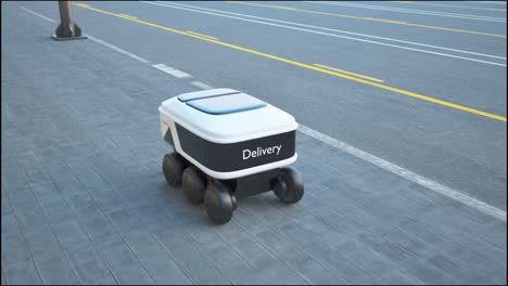Automated Delivery Robot Service Driving On Urban Street. Modern Smart Wireless Robot Delivers Goods Or Food To A Customer. New Technological Iot Business Industry Of Delivery Logistic Of Online Shop