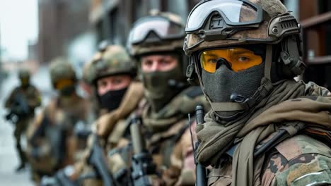 a group of soldiers wearing face masks and helmets