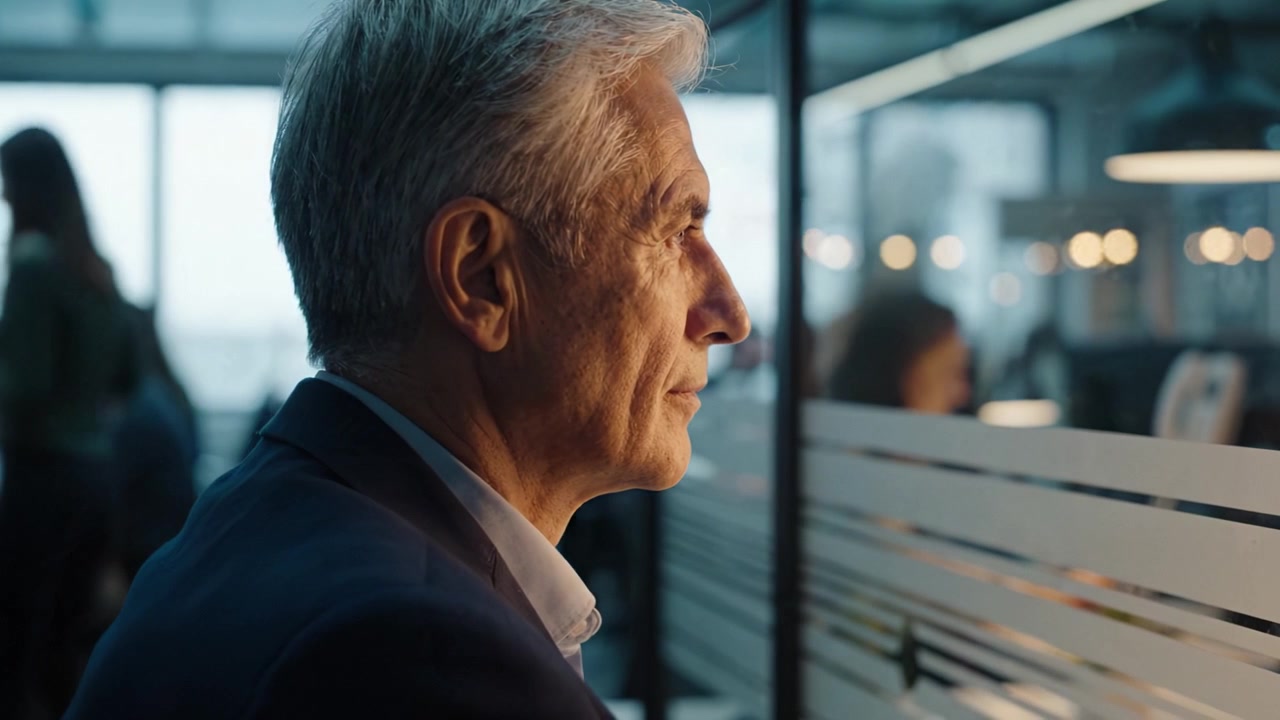 A contemplative moment captured in a modern office, showcasing a distinguished older gentleman reflecting on his thoughts amidst an atmosphere of productivity and focus.