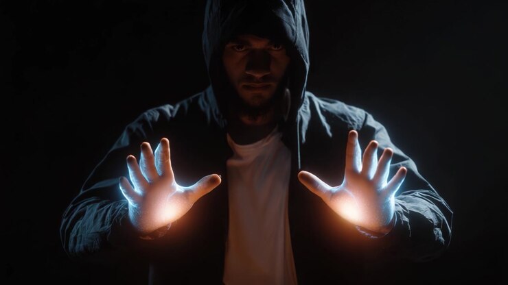Una figura misteriosa con mani luminose che manipola energia in uno spazio oscuro, mostrando una miscela accattivante di misticismo e potere attraverso effetti visivi sorprendenti.