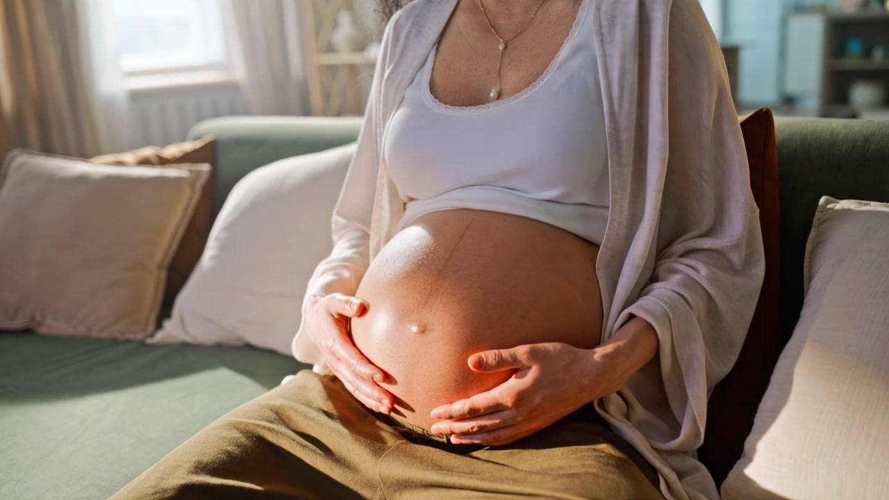 Donna incinta che si tocca la pancia, rilassandosi sul divano di casa. Futura mamma in interni
