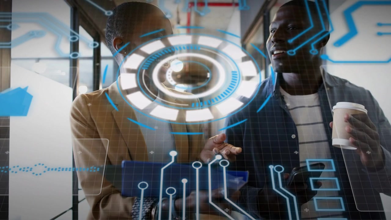 Coworkers walking hallway, tech interface appearing over them, woman tapping holo elements working