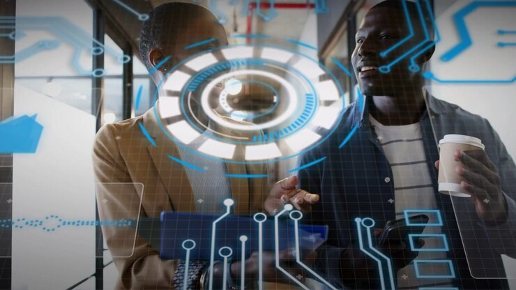 Coworkers walking hallway, tech interface appearing over them, woman tapping holo elements working