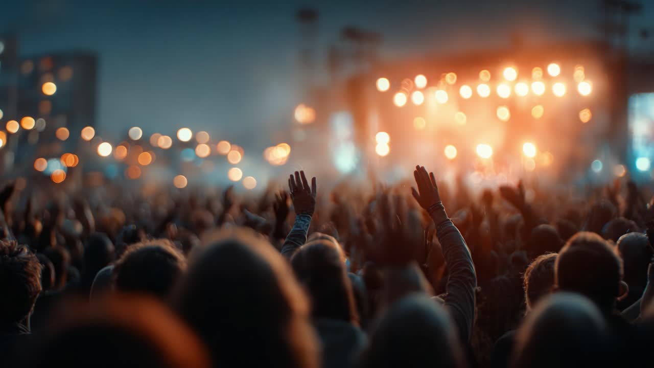 La folla esulta e festeggia a un vivace concerto, mani alzate con entusiasmo mentre luci intense illuminano il palco, creando un'atmosfera elettrizzante