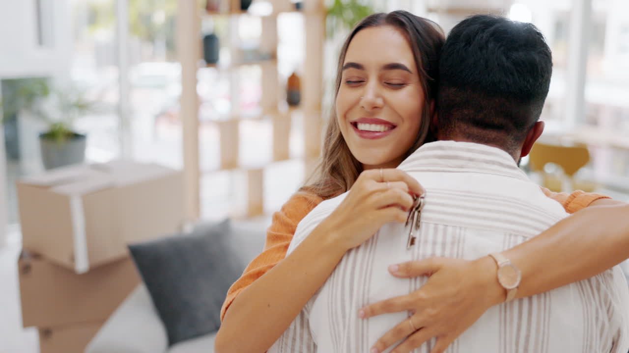 mujer feliz abrazando a un hombre en su nuevo hogar