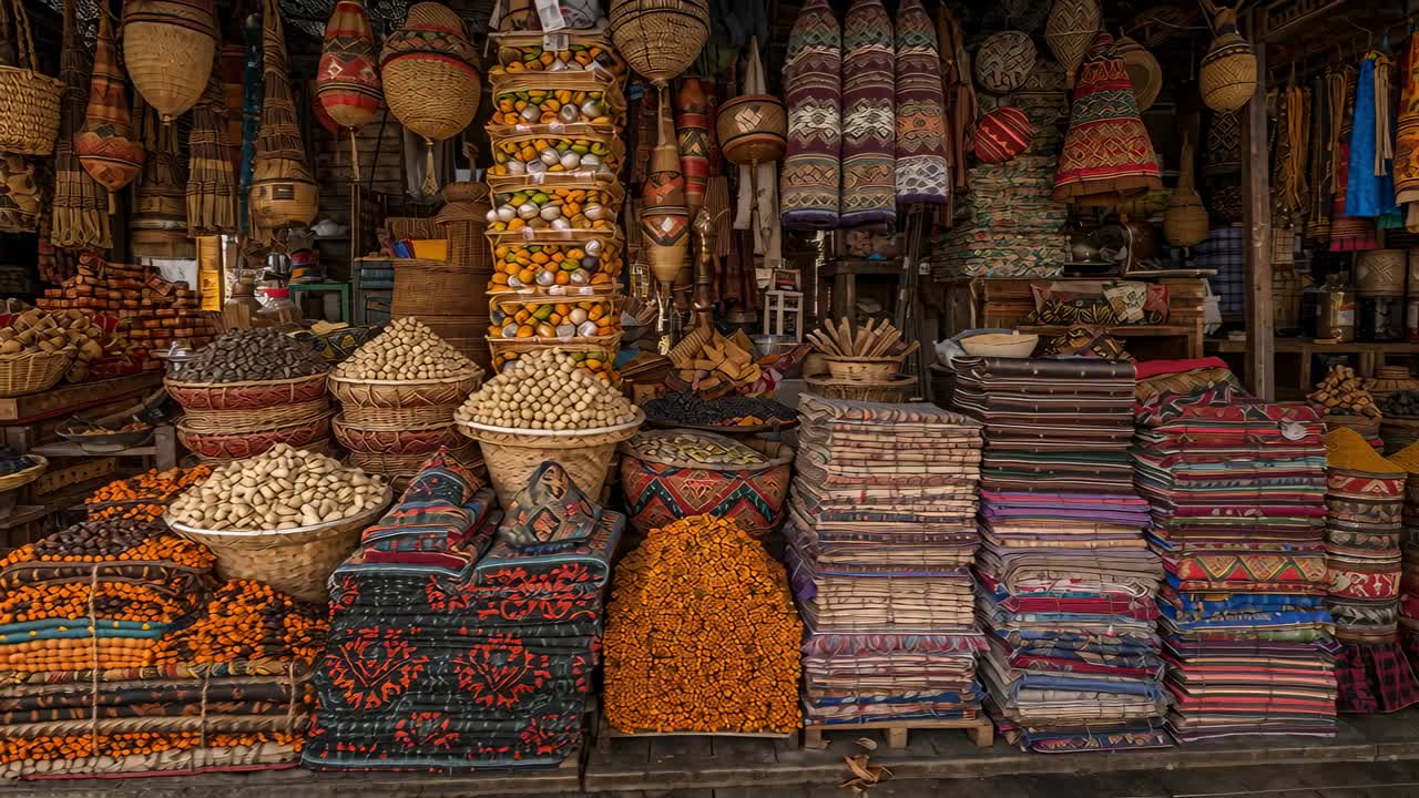 İleri doğru hareket eden kamera, pazarın önünde dokuma sepetler ve tekstil ürünleri sergileyen bir çarşı tezgahını ortaya çıkarıyor.