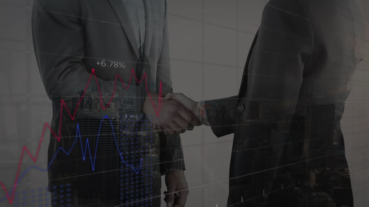 Animation af databehandling over et forretningsmand-håndtryk