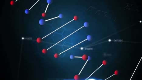 Animation-of-dna-strand-and-numbers-changing,-medical-data-processing-on-blue-background