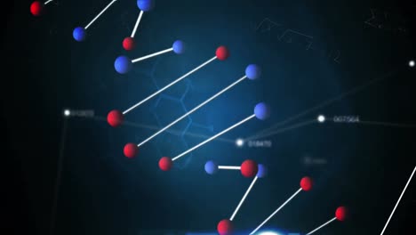 animación de cadenas de adn y números cambiantes, procesamiento de datos médicos en fondo azul