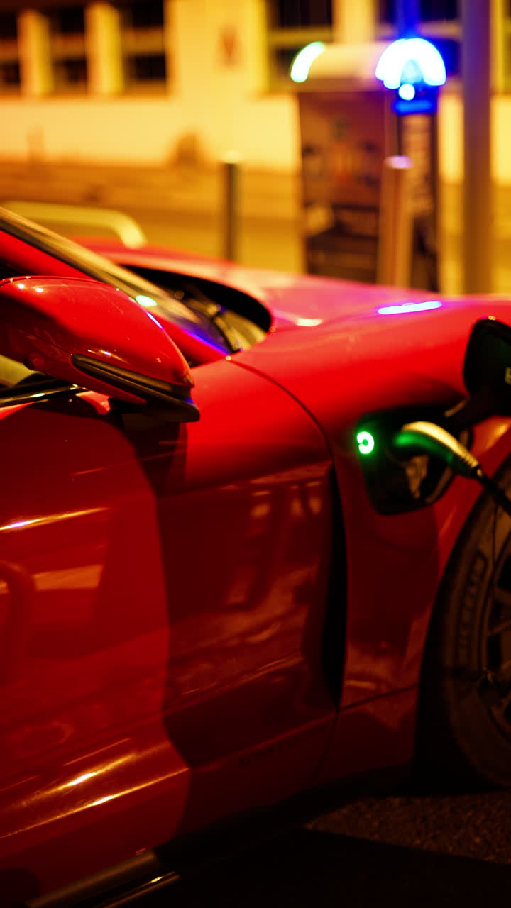 Auto elettrica rossa che si ricarica in strada di notte. Verticale