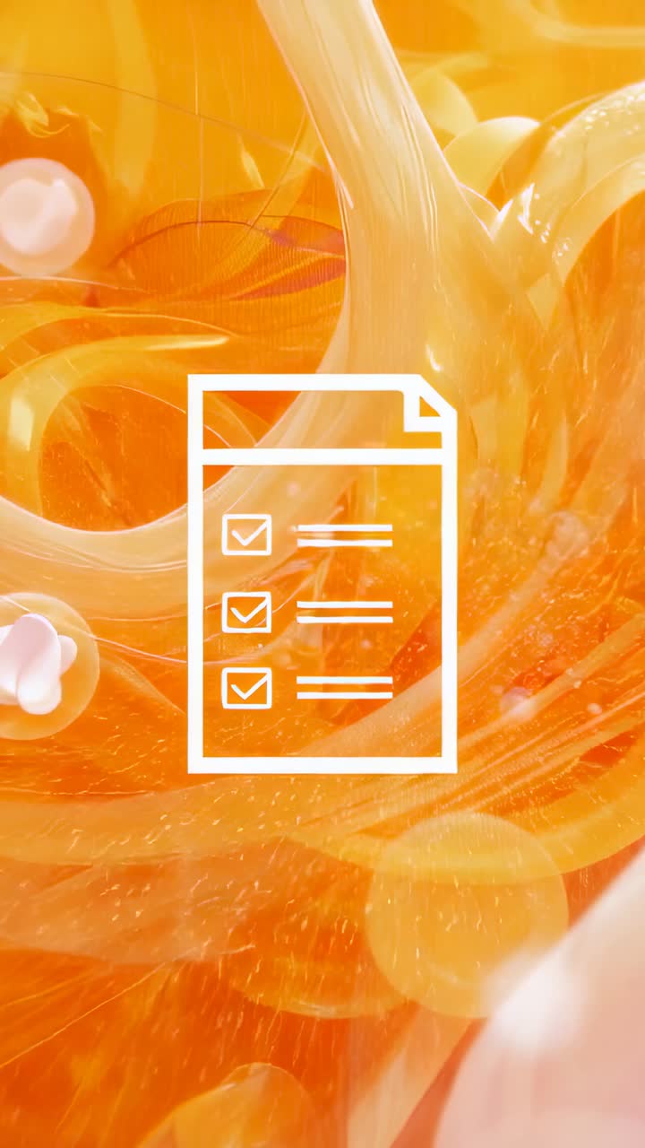 Vertical video: Swirling orange fluid and drifting particles framing checkbox icon on screen