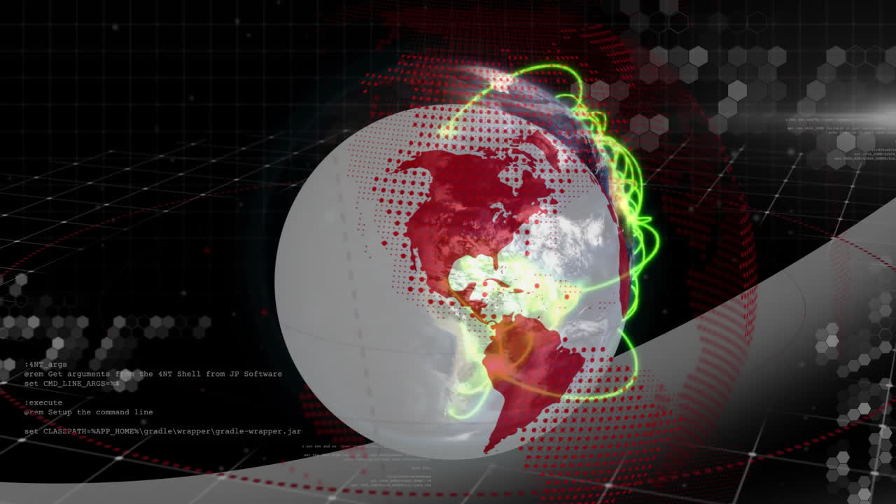 3D Earth globe rotating in dark cyberspace, showing neon green network arcs and red data flows