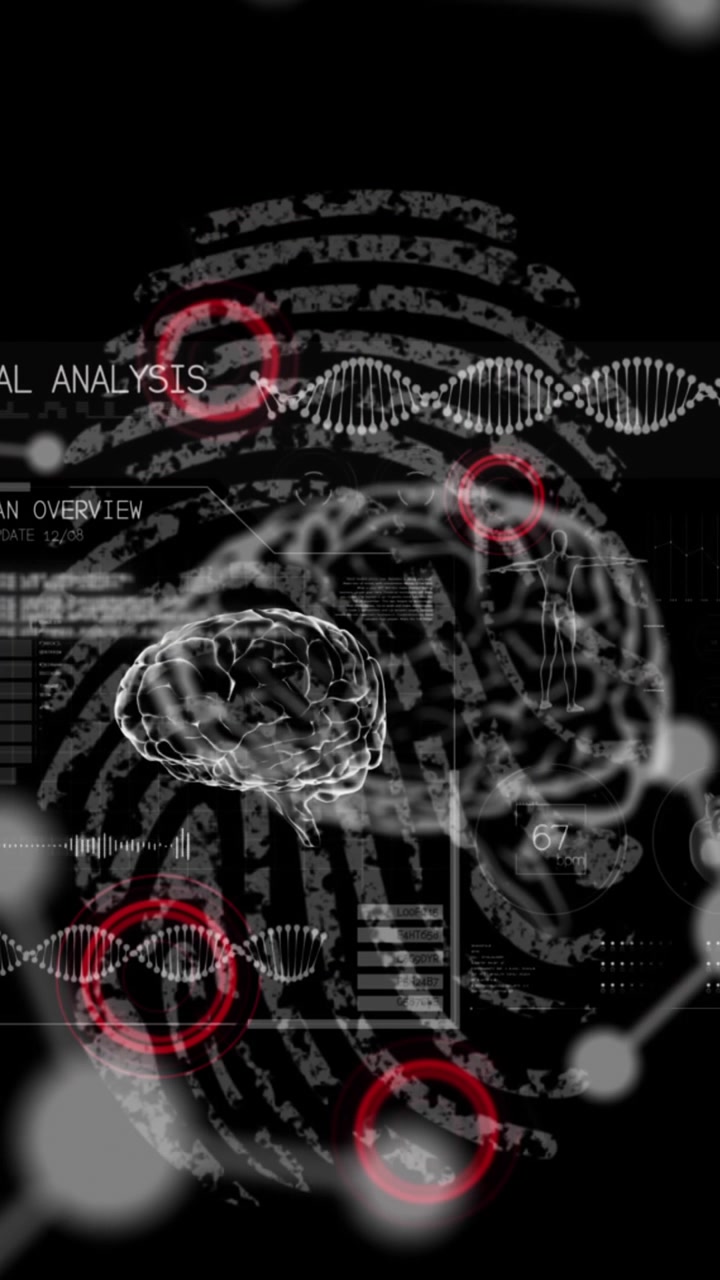 Animation of data processing, human brains and dna strand spinning over biometric fingerprint