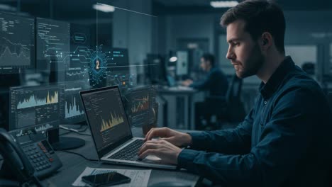 a focused professional analyzing data trends and cryptocurrency metrics on multiple screens in a modern office environment, showcasing insights and digital innovation