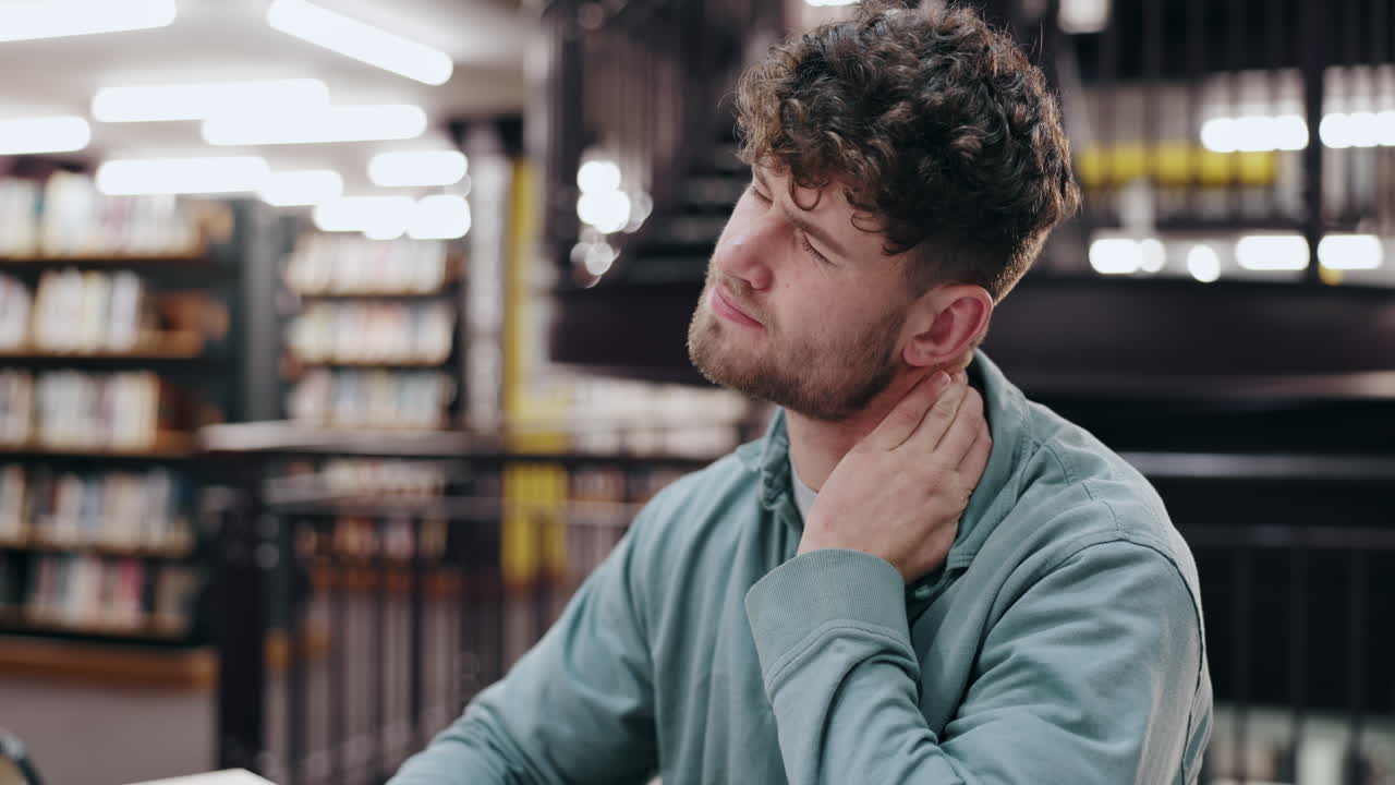 도서관 에서 목 통증 을 겪고 있는 남자