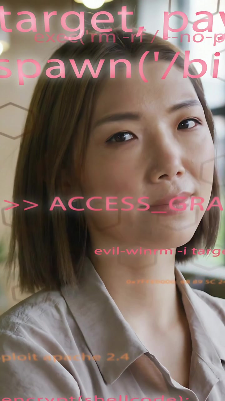 Vertical video: Woman turning forward, smiling laughing, reacting to pink code overlay in tech demo
