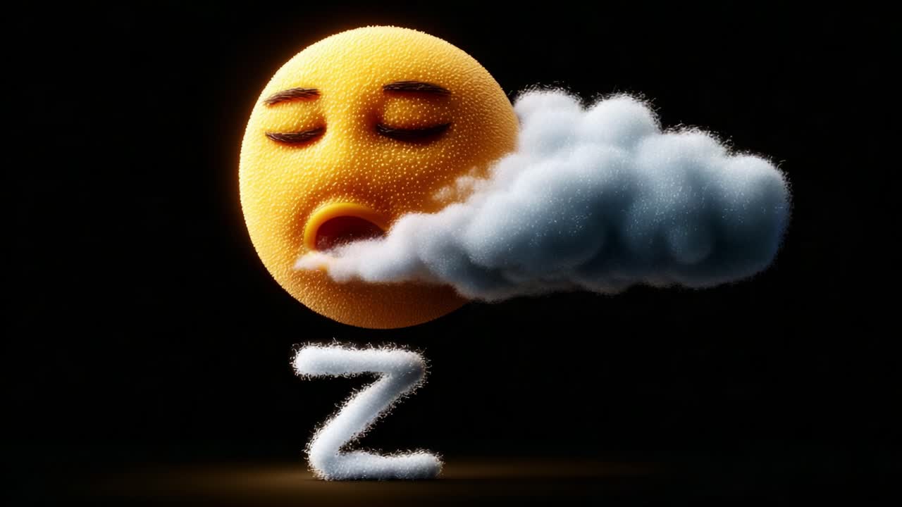 A captivating animation of a textured yellow sun with closed eyes, gently breathing out a puff of cloud, creatively symbolizing sleep and tranquility in a whimsical style