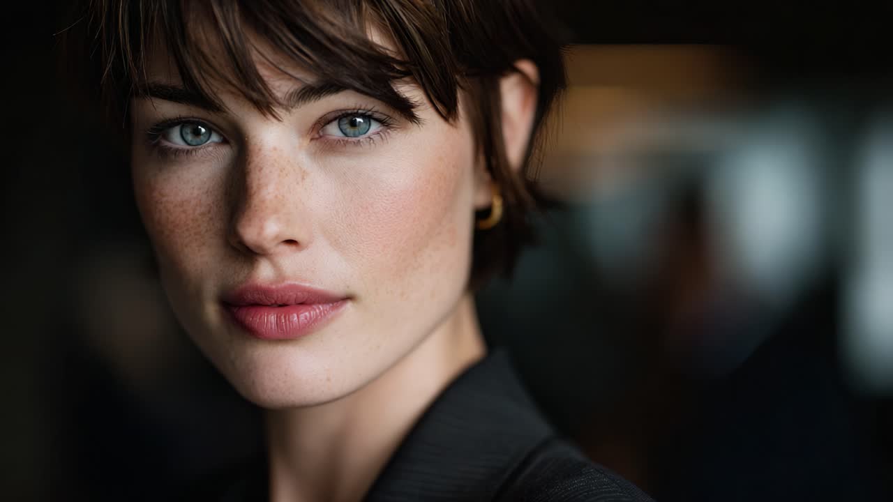 Retrato cativante de uma mulher com traços marcantes e expressões suaves, que destaca a beleza natural em um ambiente contemporâneo
