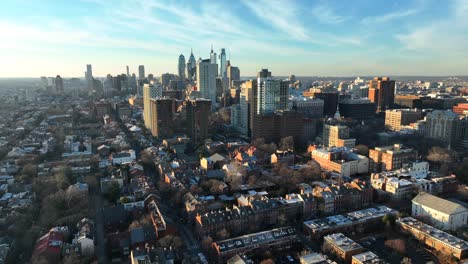 residential district with urban city skyline during golden hour