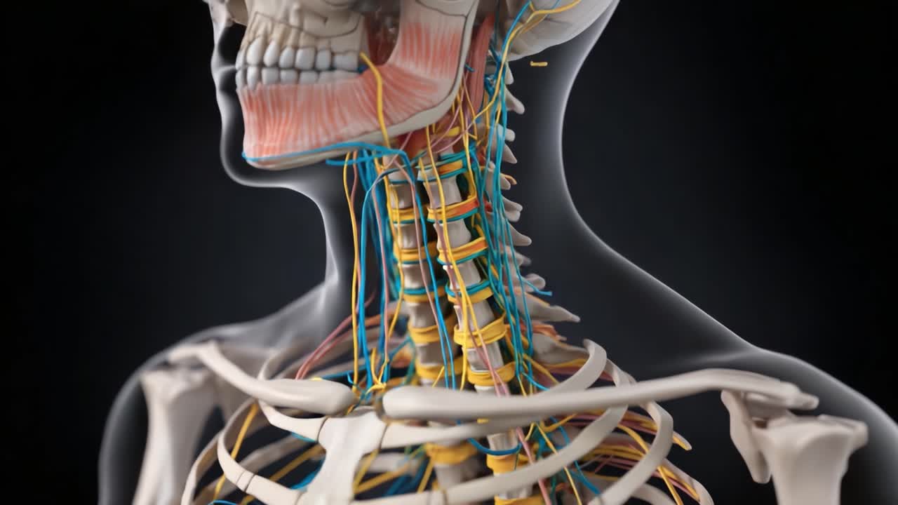 Detaljeret anatomisk illustration af menneskelig nakkeanatomi, der fremhæver skelettet, nerverne og vaskulære strukturer i en realistisk 3D-gengivelse