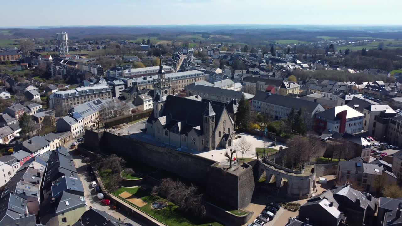 Aerial View of a Belgian Town with a Church and Fortress Walls