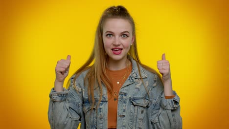 young adult teenager girl fingers down, demanding immediate serious conversation, giving command