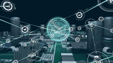 Animation-of-network-of-connections-with-icons-over-clock-and-circuit-board