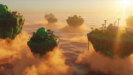 Aerial View of Floating Islands at Sunset: Captivating Scene of Lush Greenery, Water, and Mystical Clouds Enhancing a Surreal Landscape