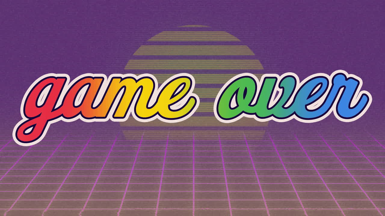 Game over text animation over retro grid and sunset background