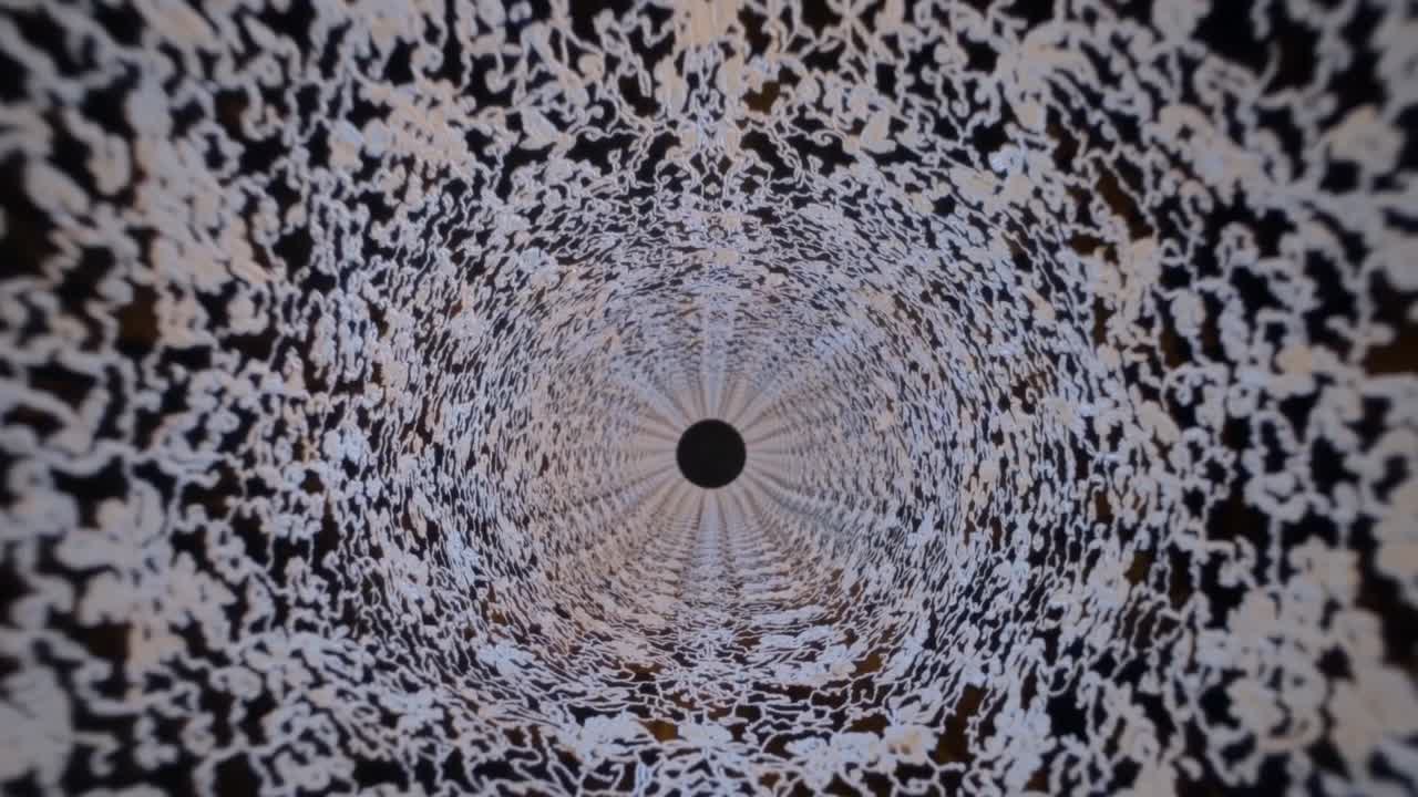 Abstract visual sequence showcasing a spiraling pattern of intricate white shapes converging towards a central black void, illustrating dynamic motion and depth perception in a captivating design