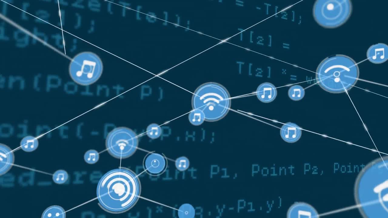 conectores en movimiento y datos digitales en fondo azul