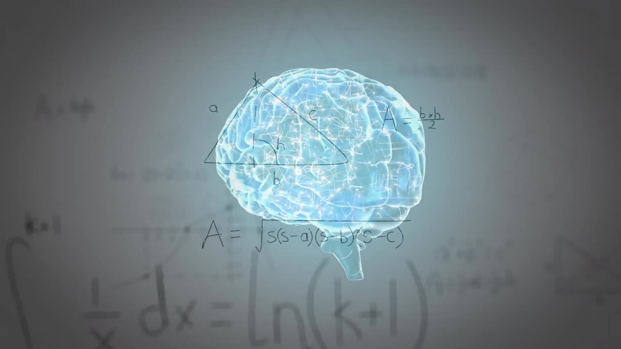 animación de cerebro giratorio y fórmulas matemáticas en fondo gris