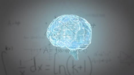 Animation-of-rotating-brain-and-math-formulas-on-grey-background