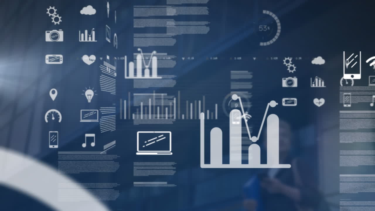 Animation of icons, graphs, data, low angle view of caucasian woman standing against building