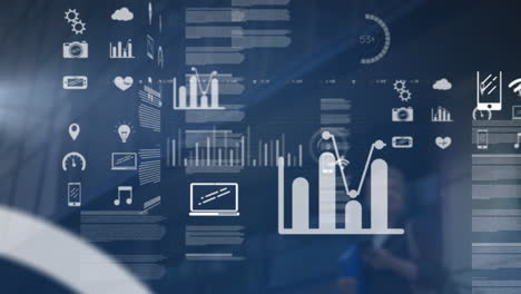 animation of icons, graphs, data, low angle view of caucasian woman standing against building