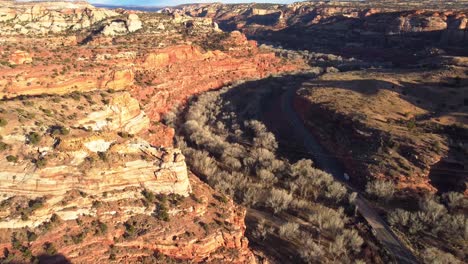 Amazing-landscape-of-rocky-formations-and-roadway-in-sunlight