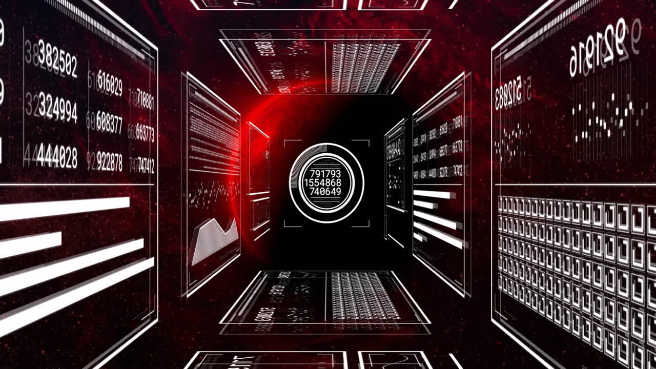 Animation of glowing red and white digital data tunnel with futuristic elements