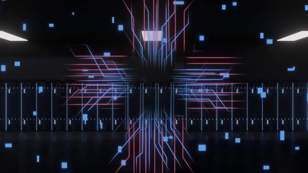 회로판의 애니메이션 및 컴퓨터 서버를 통해 디지털 데이터 처리