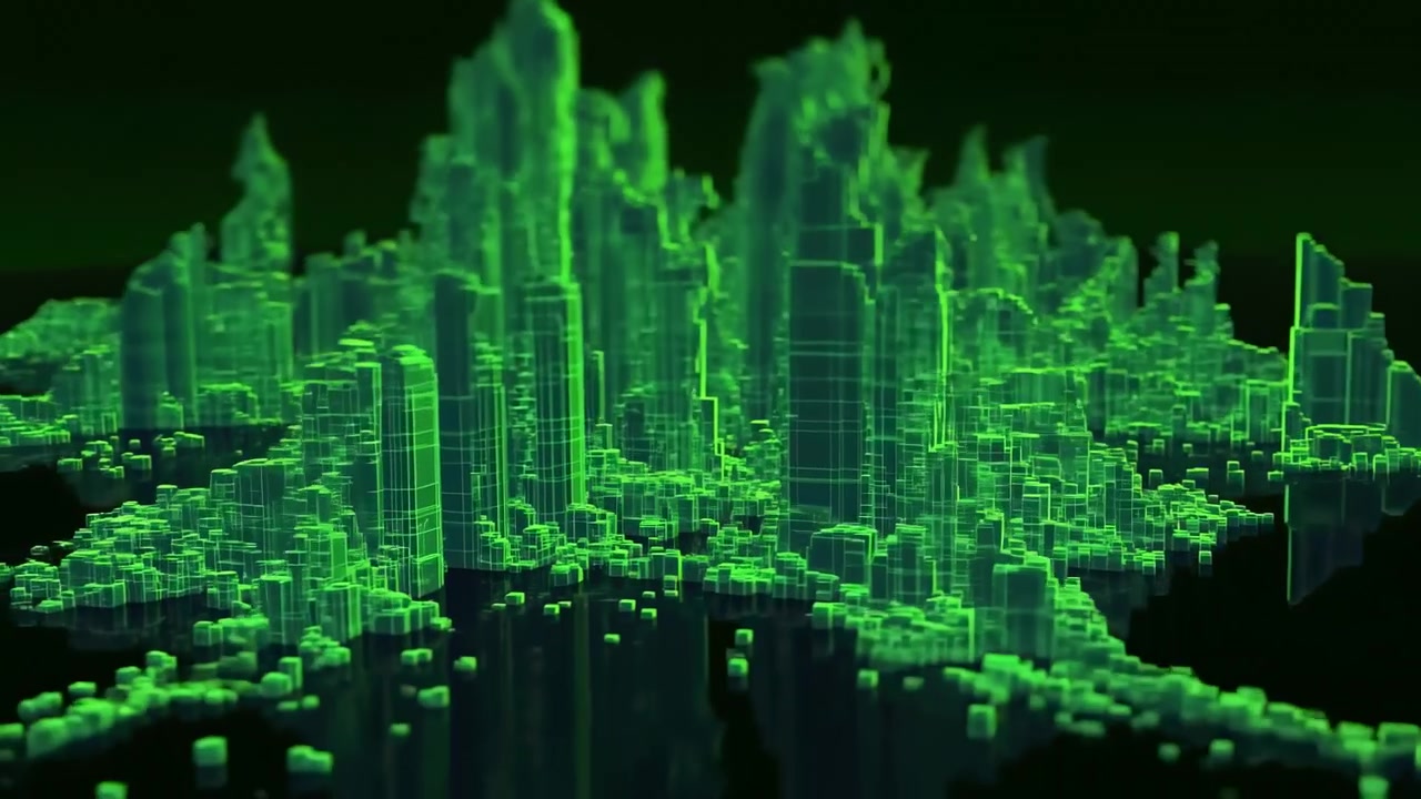 Green Holographic City Grid Simulation Skyline, Glowing Translucent Skyscrapers And Clustered Blocks Form